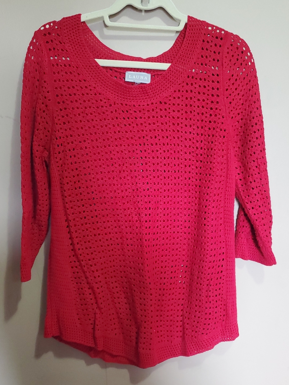 Laura Women's Open-Knit Crewneck Sweater - Red Size Large